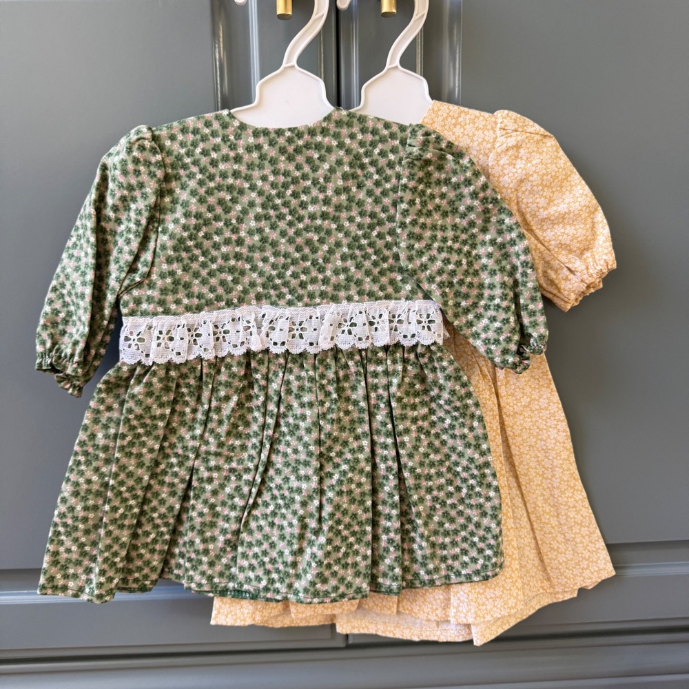 2 Handmade Floral Prairie Dress fits My Twin 23" Doll Green Yellow Lace Trim